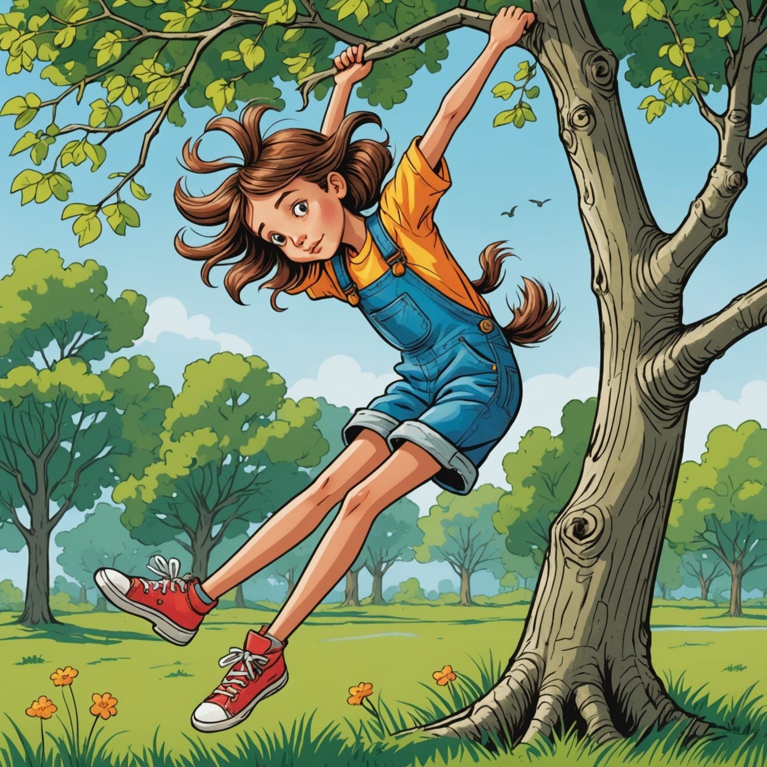 Girl Upside Down in Springtime Park, Splatter Art