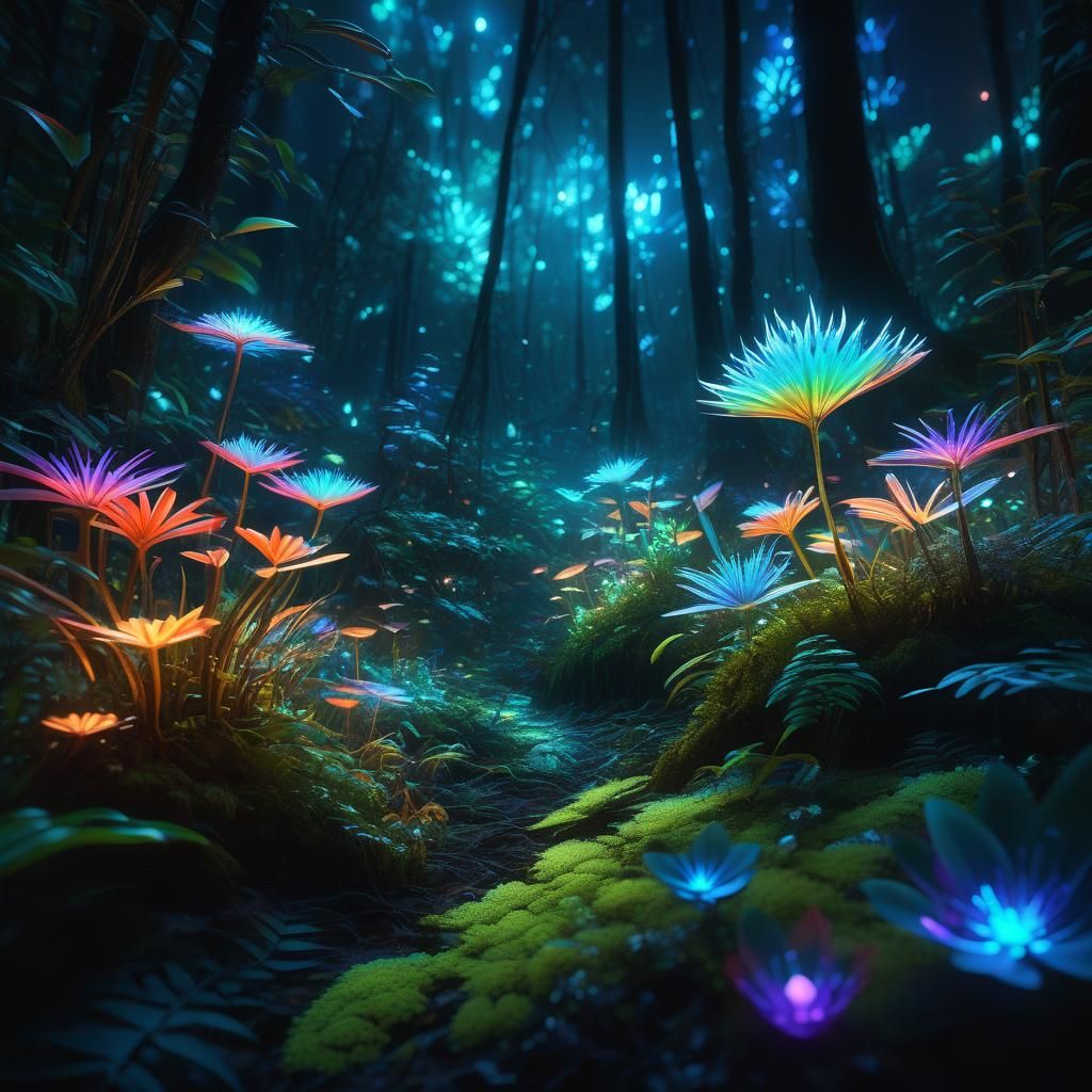 Bioluminescent Alien Flora Illuminates Enchanted Forest