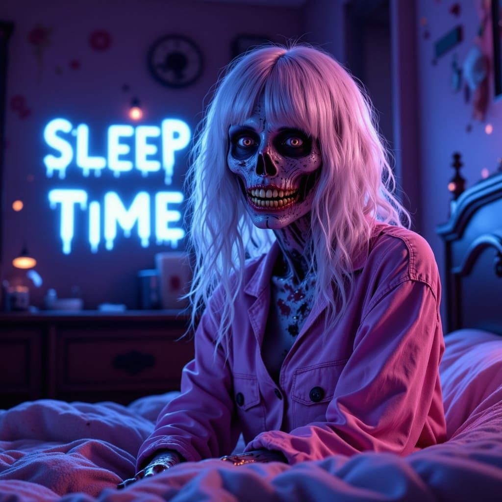 A gorgeous female zombie with glitter white hair, wearing pa...