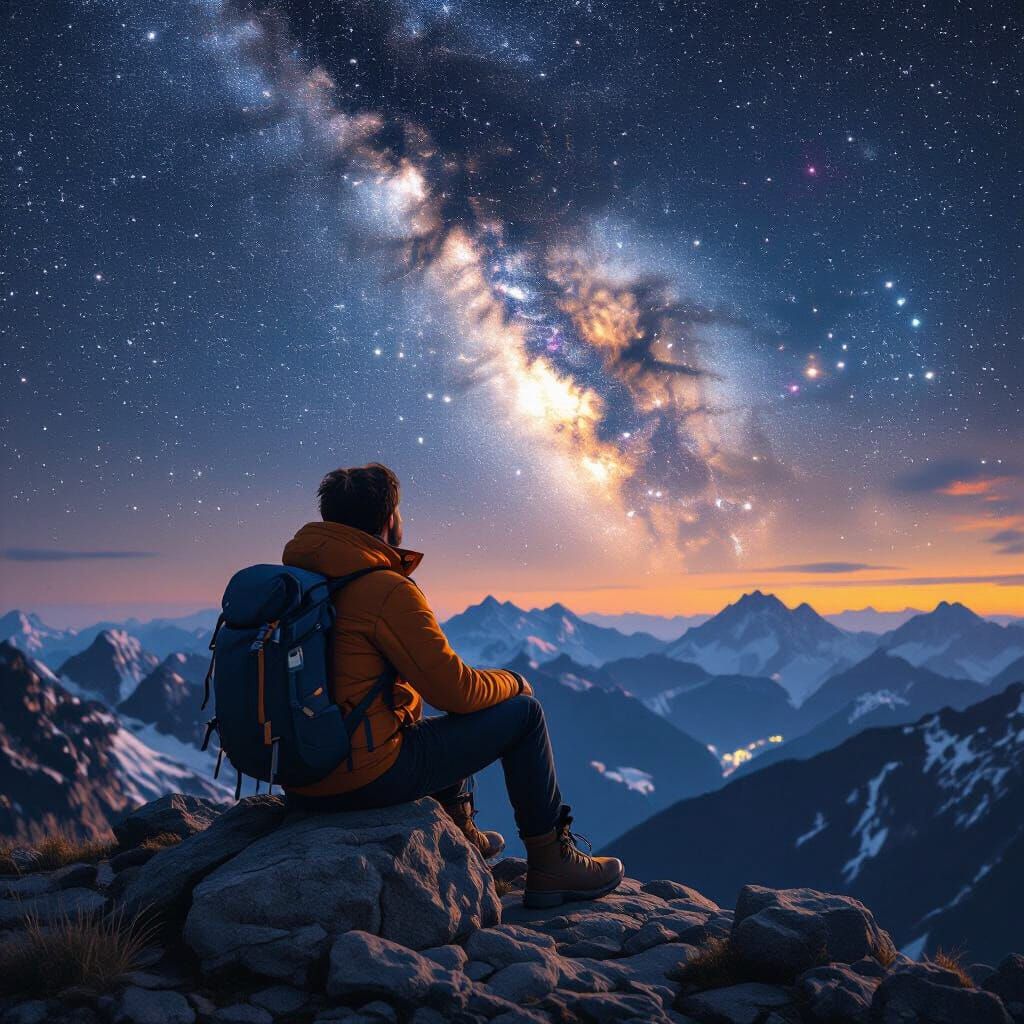 Starry Night Sky Over Mountain Peak