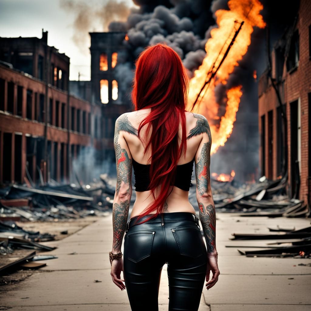 Fiery Angel: Tattooed Girl in Burning Cityscape