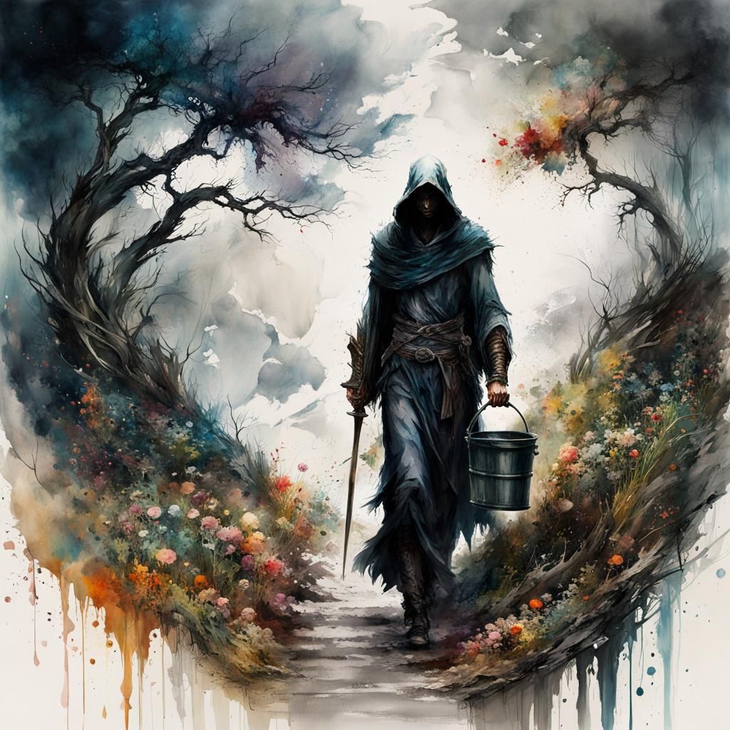 Grim Reaper's Ascent: A Watercolor Fantasy