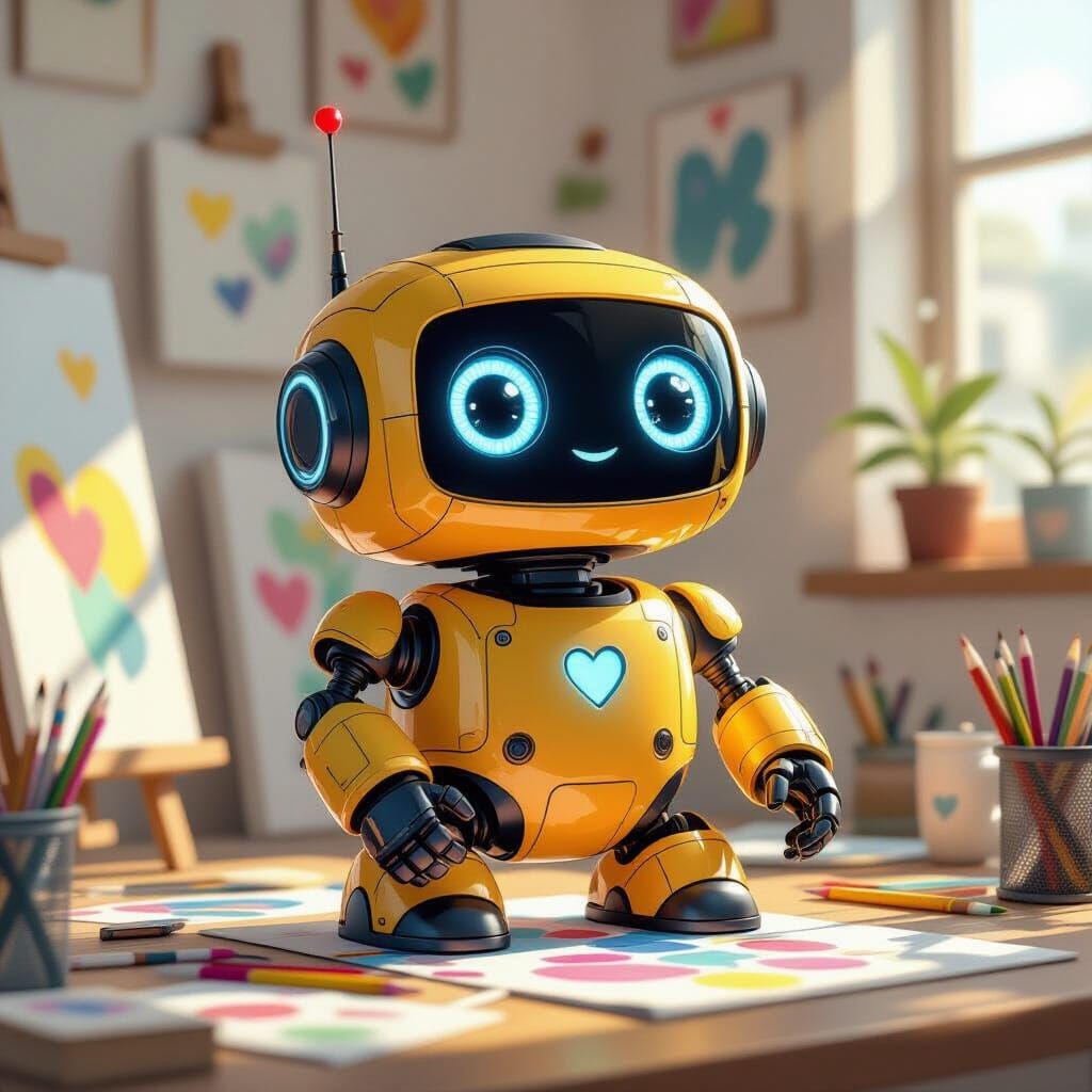 Cute Yellow Robot in Sunny Art Studio