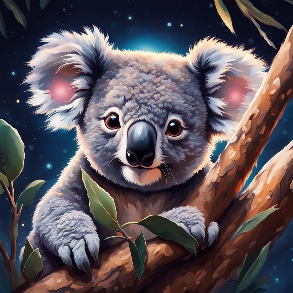 Fluffy Baby Koala Portrait in Moonlight