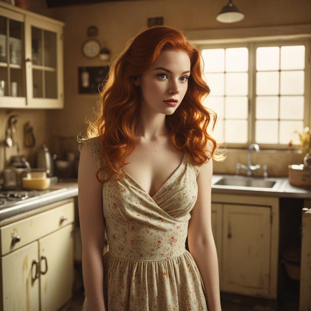 Retro Pin-Up Redhead in Kitchen, Vintage Style