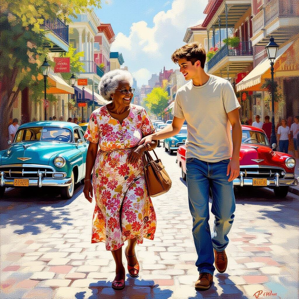 Elderly Woman Helped by Teenager on Busy Street Oil Painting