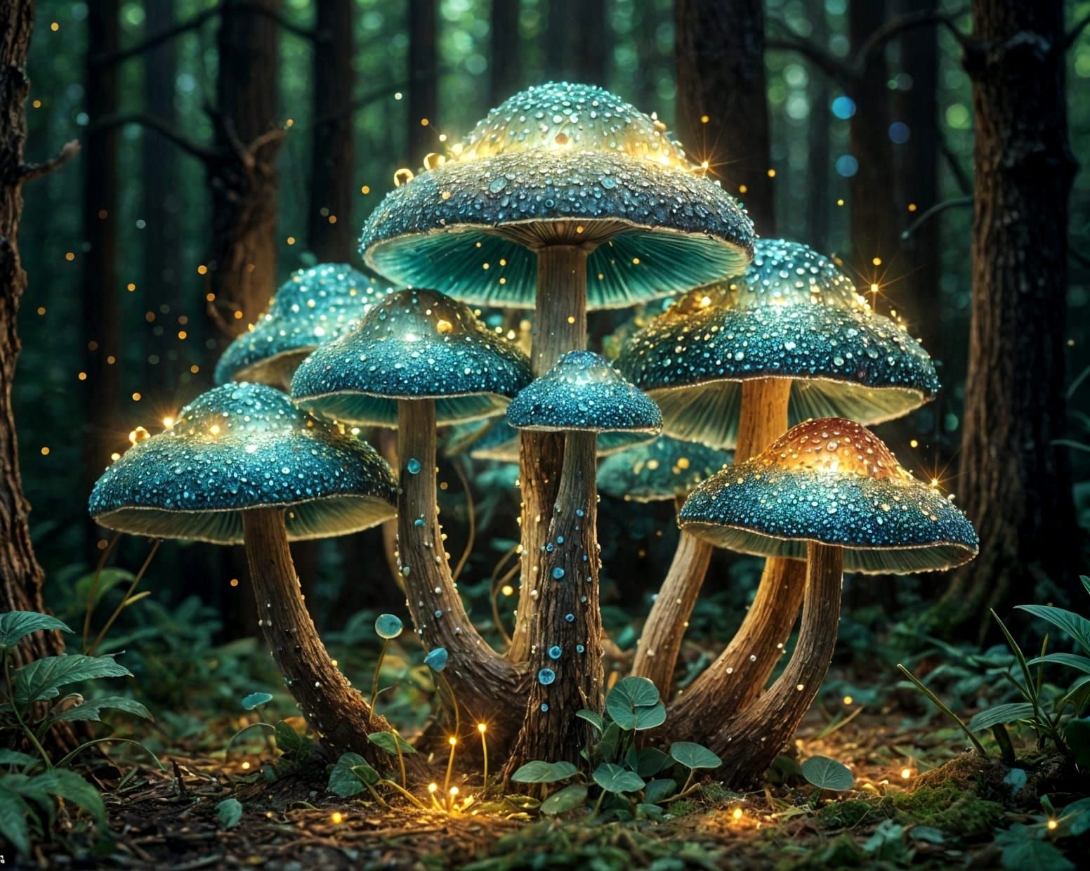 Glowing Mushroom with Crystals in Pointillism