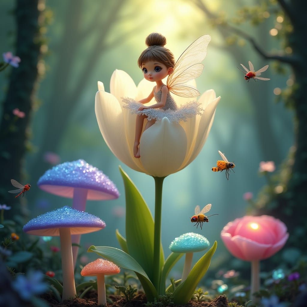 Fairy on Tulip in Enchanted Forest