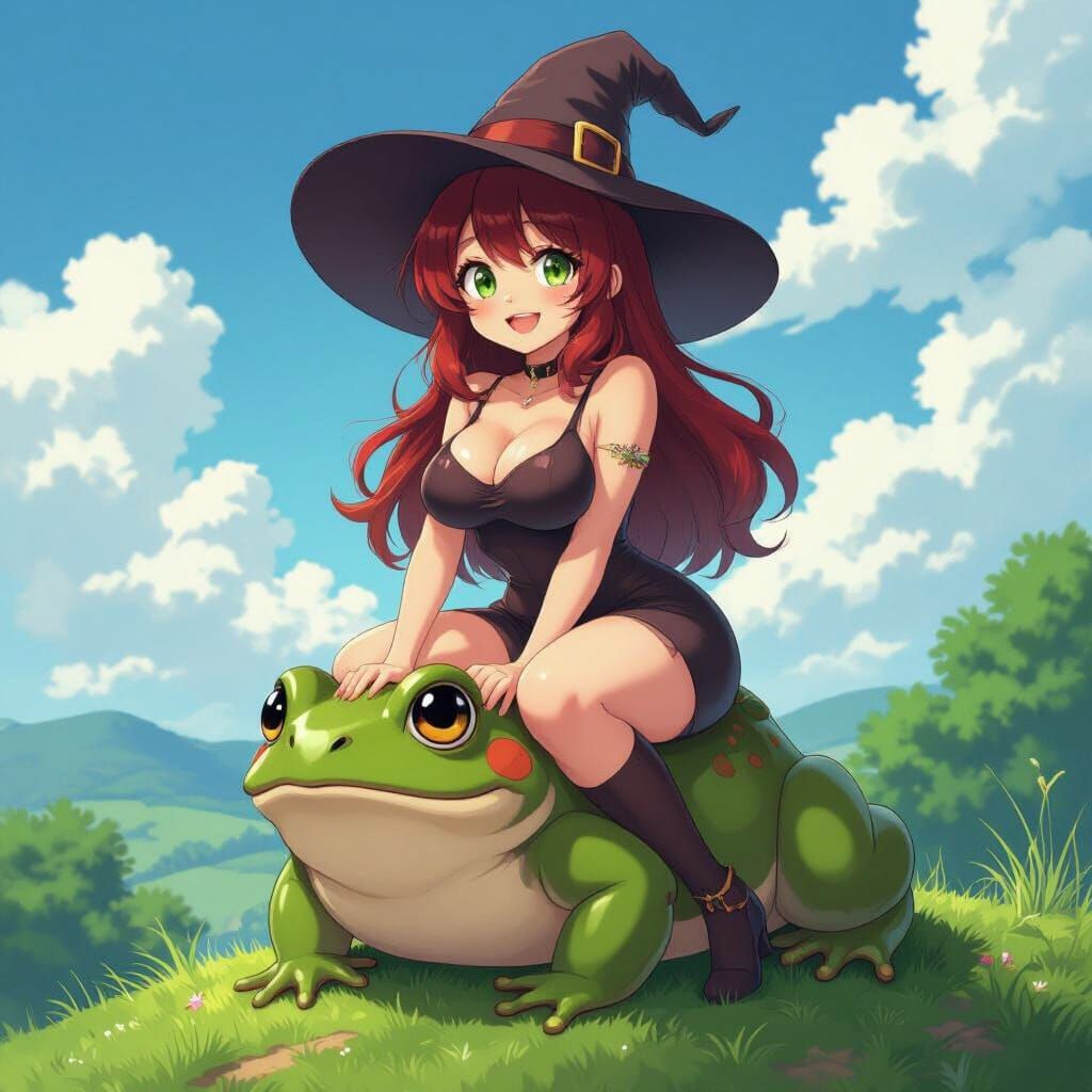 Anime Woman with Crimson Hair and Green Eyes Riding a Frog