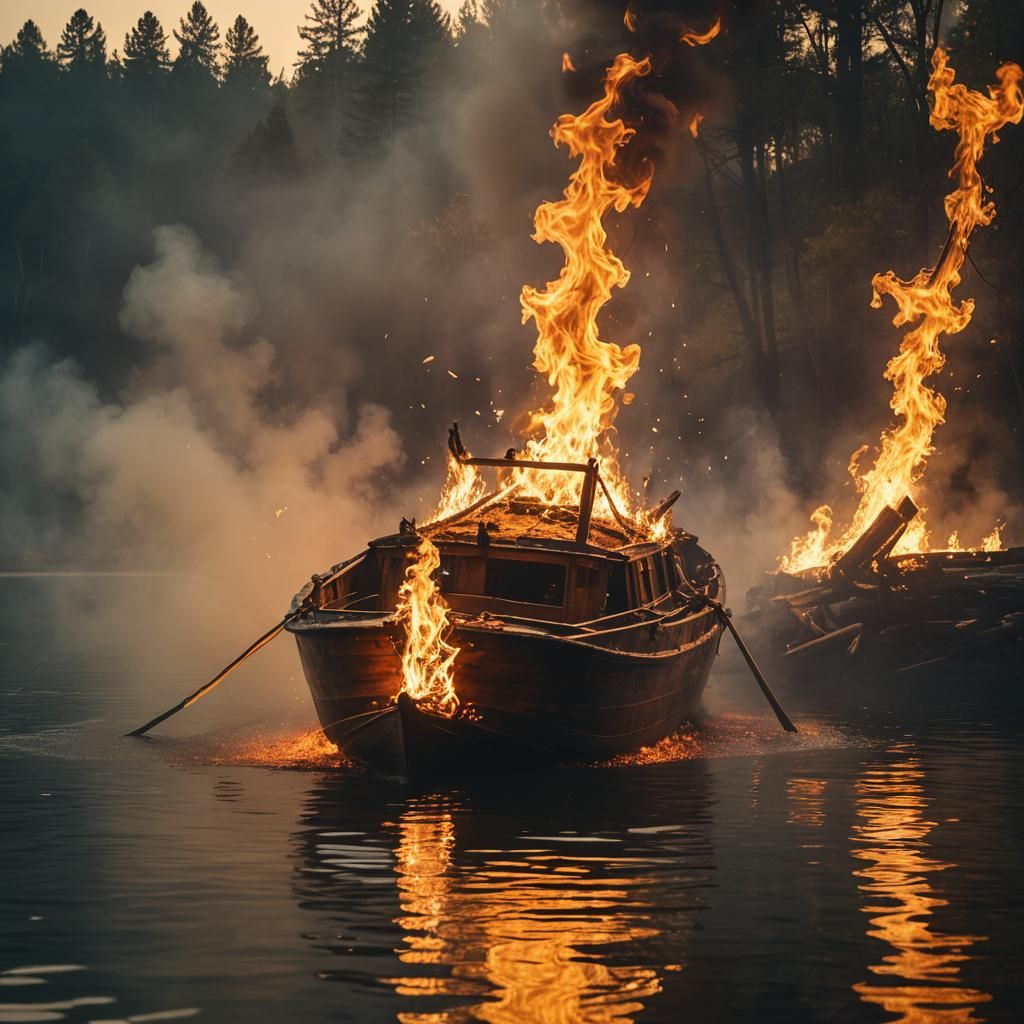 Burning Boat on Serene Lake in Cinematic Style