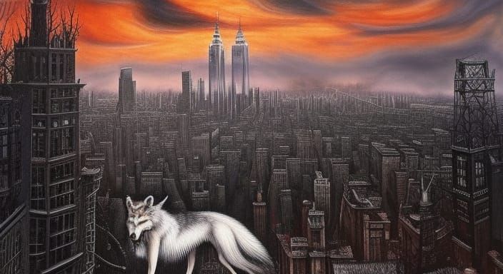 Werewolf in Dystopian New York City, Oil Painting