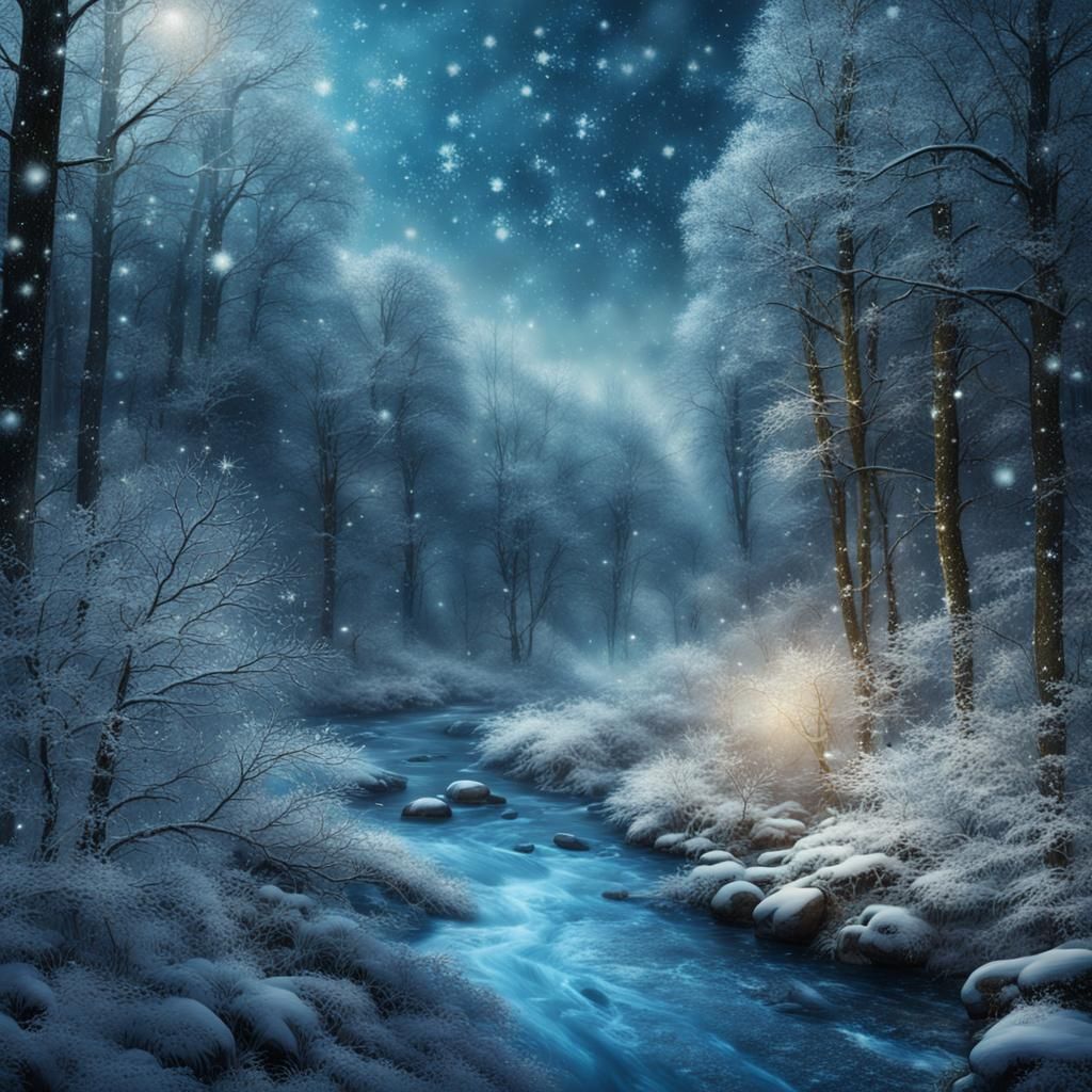 Blue Snowflakes Forest River in Vintage Style