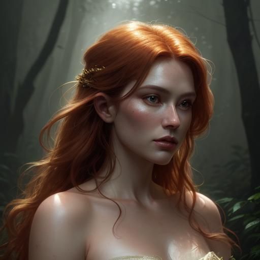 Ginger Woman in Misty Forest: Hyperrealistic Concept Art