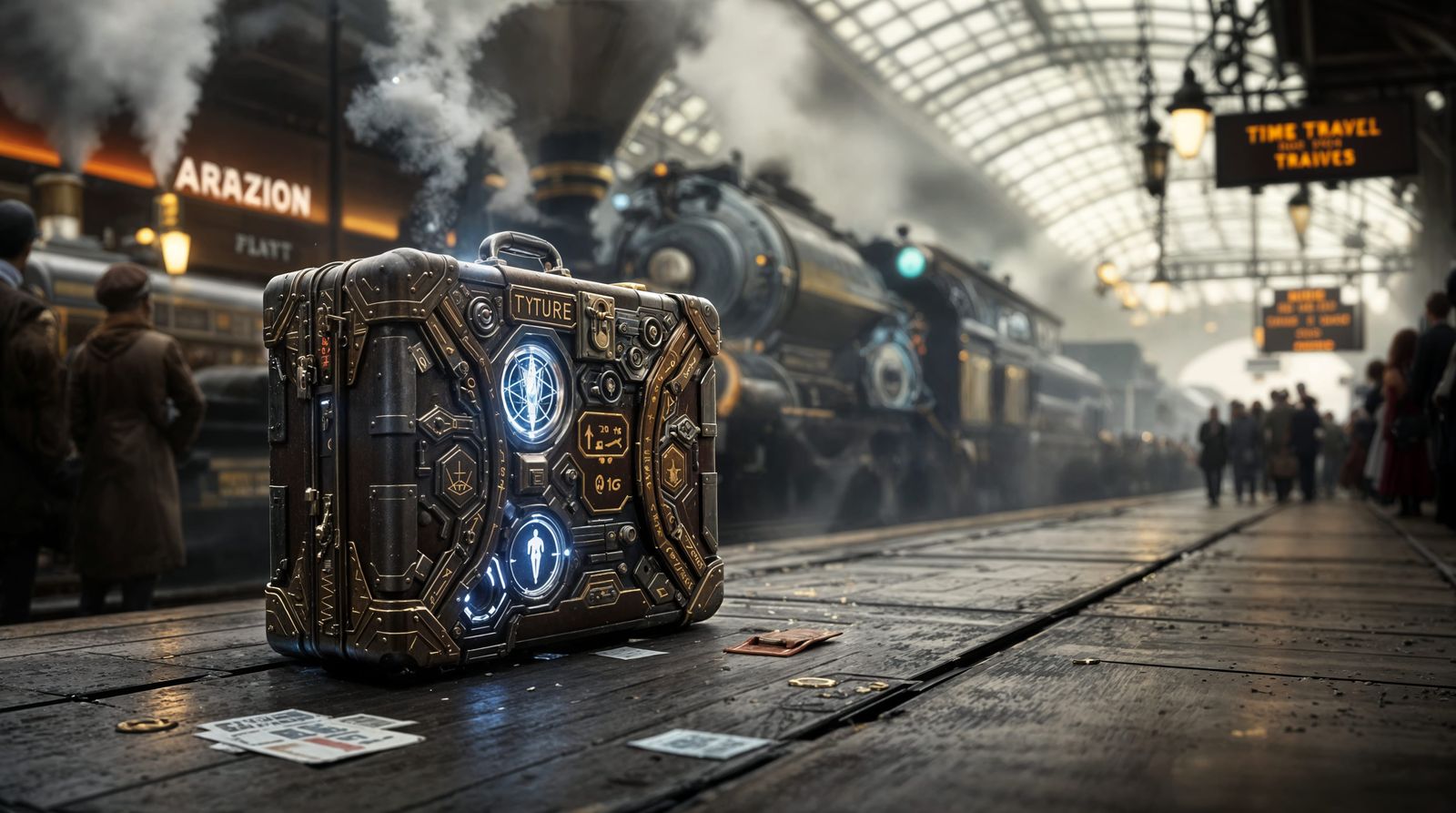 Time Traveler's Abandoned Trunk in a Bustling Train Station