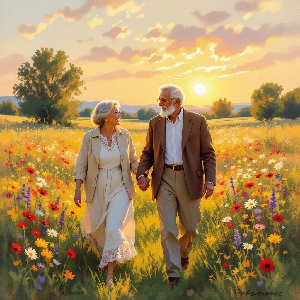 Elderly Couple's Joyful Walk in Golden Meadow
