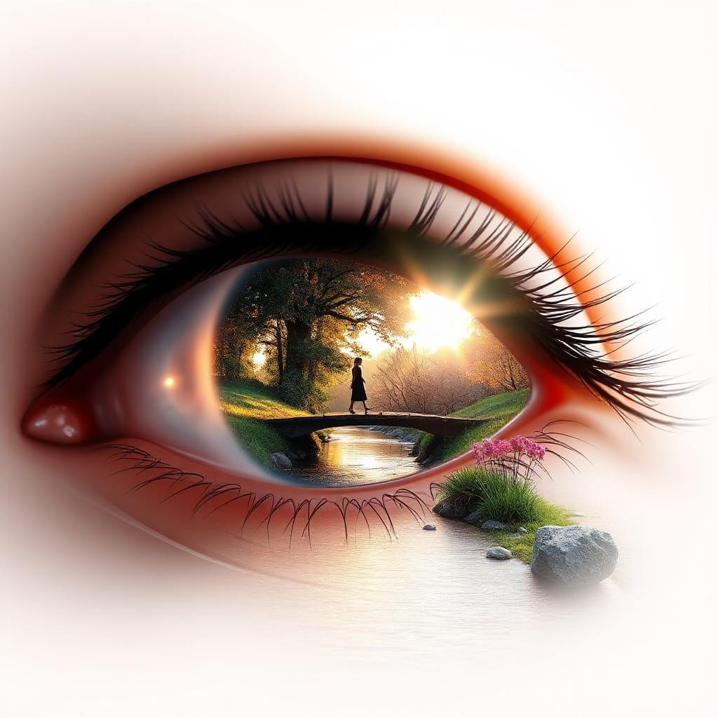 Humanoid Eye Reflecting Spring Creek Landscape