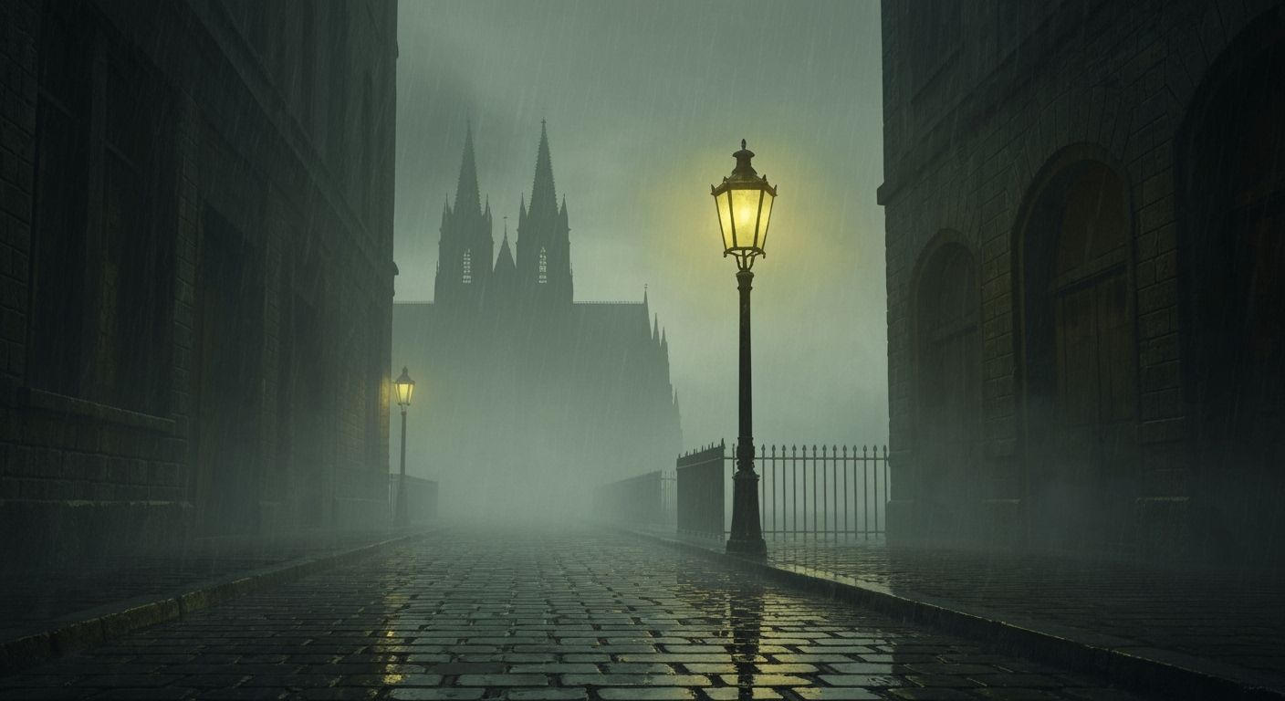 Gothic Cathedral in Foggy Alleyway Concept Art