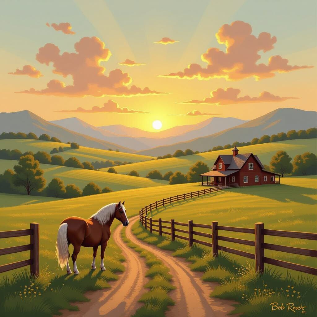 Picturesque Horse Ranch Landscape Painting