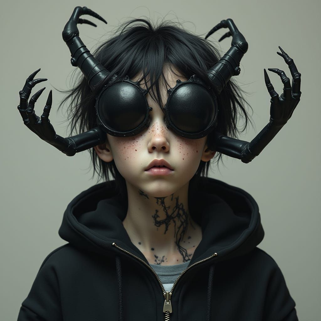 Melancholic Mantis Boy in Gothic Future Style