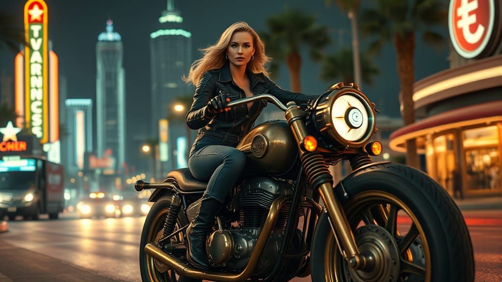 Dieselpunk Woman Rides Turbine Motorcycle in Glowing City