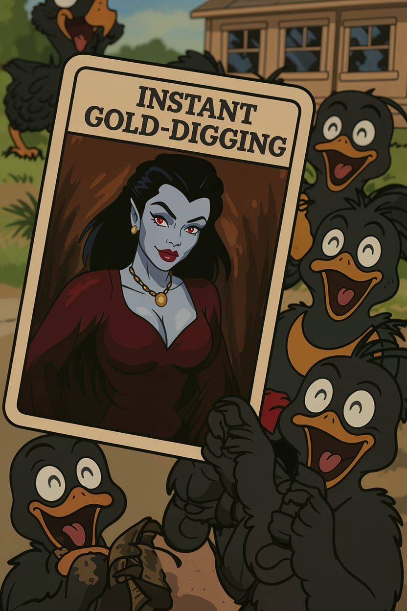 Vampire Gold-Digging Card in a Whimsical Scene