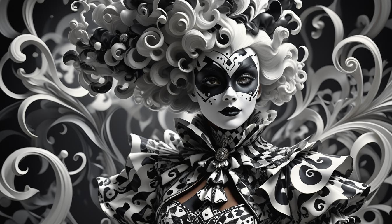 Harlequin-Inspired Figure in Black and White World