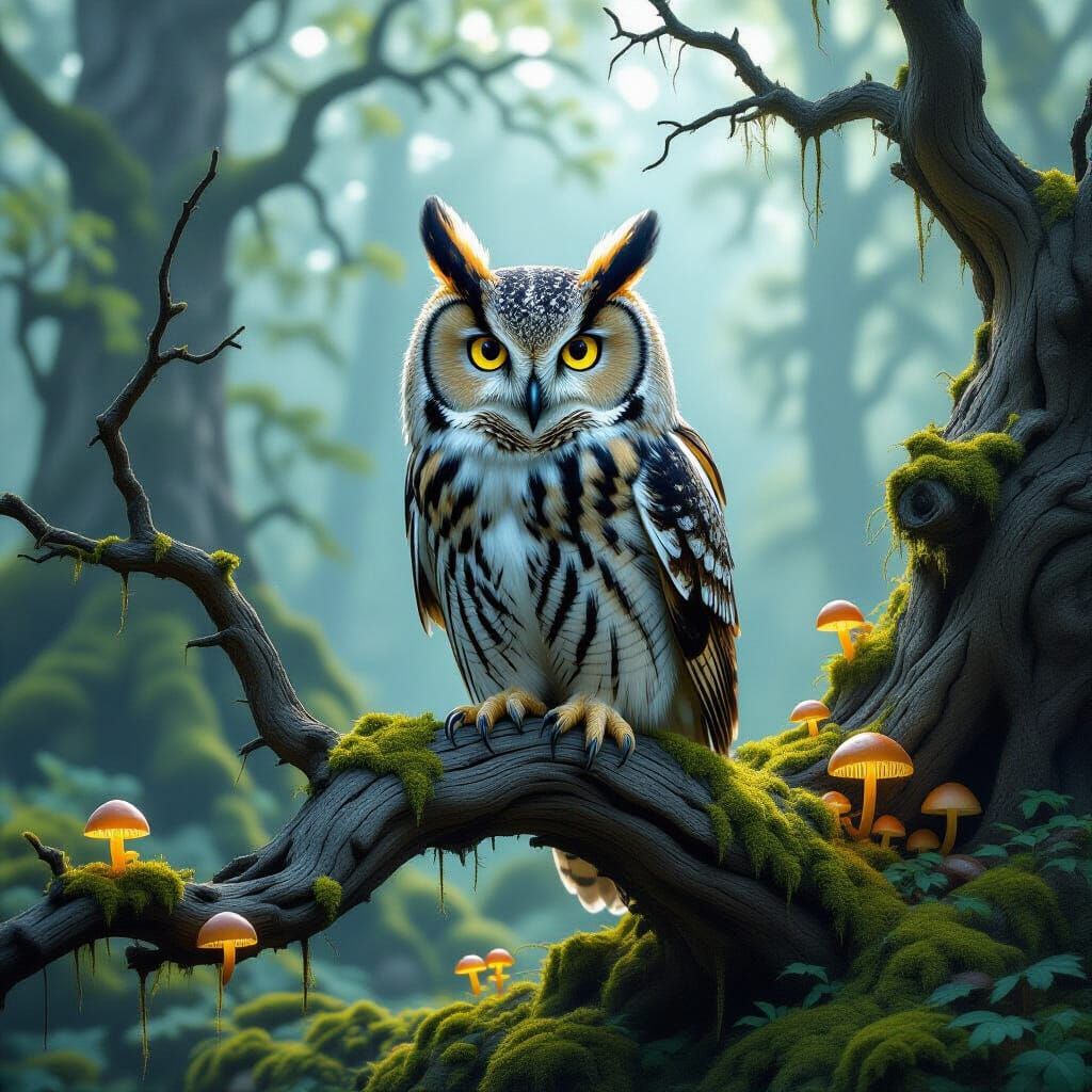 Wise Owl in Enchanted Forest, Hyperrealistic Style