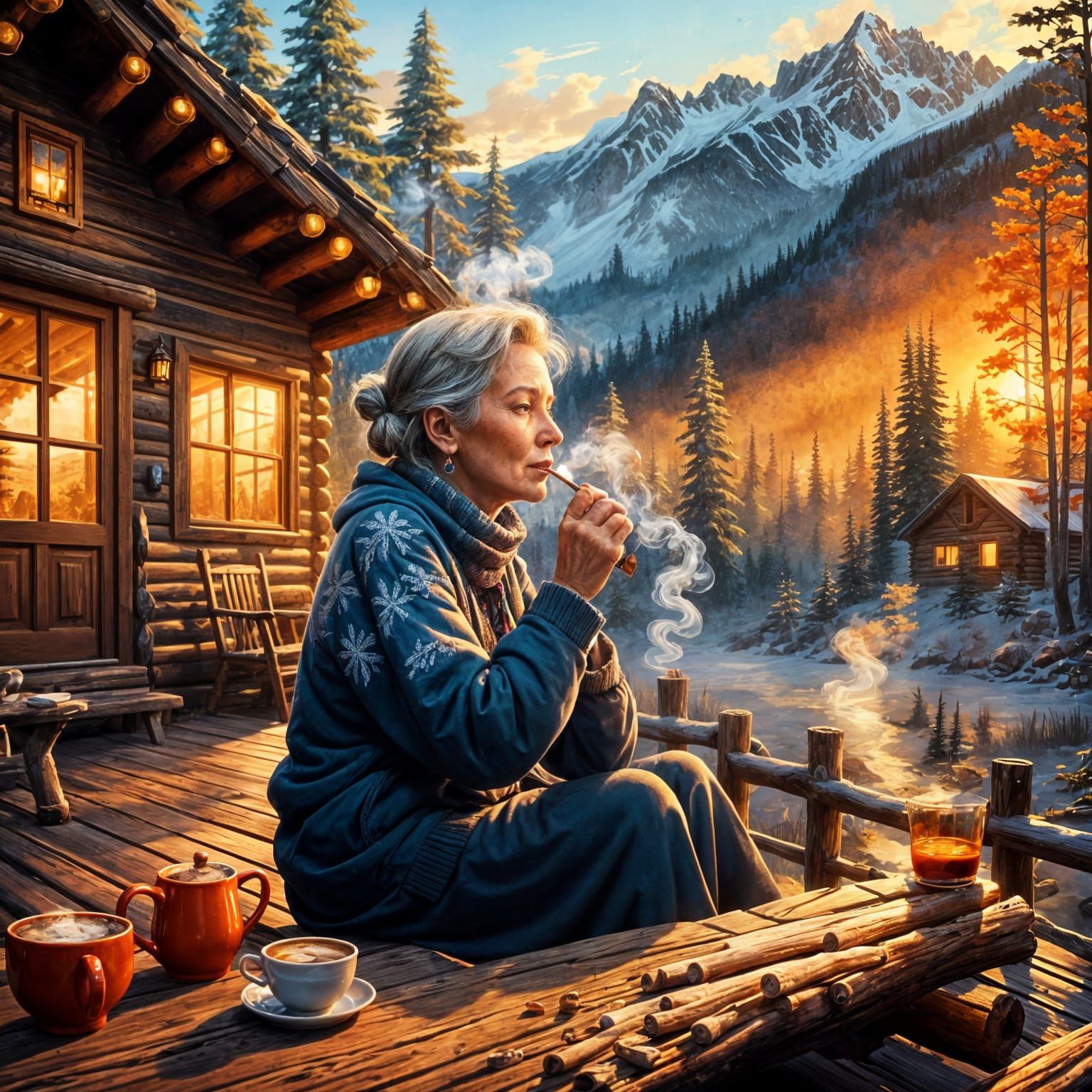 Woman on Cabin Porch at Sunset: Matte Painting