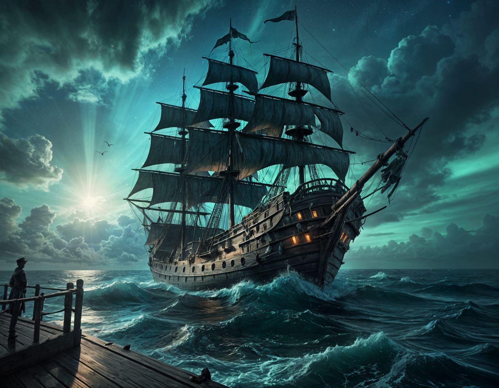 Pirate Ship Under Ethereal Bioluminescent Clouds in Dark Fan...