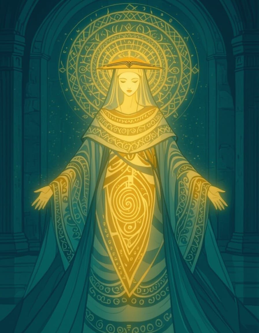 Solemn Woman in Symmetrical Hall with Flowing Robes