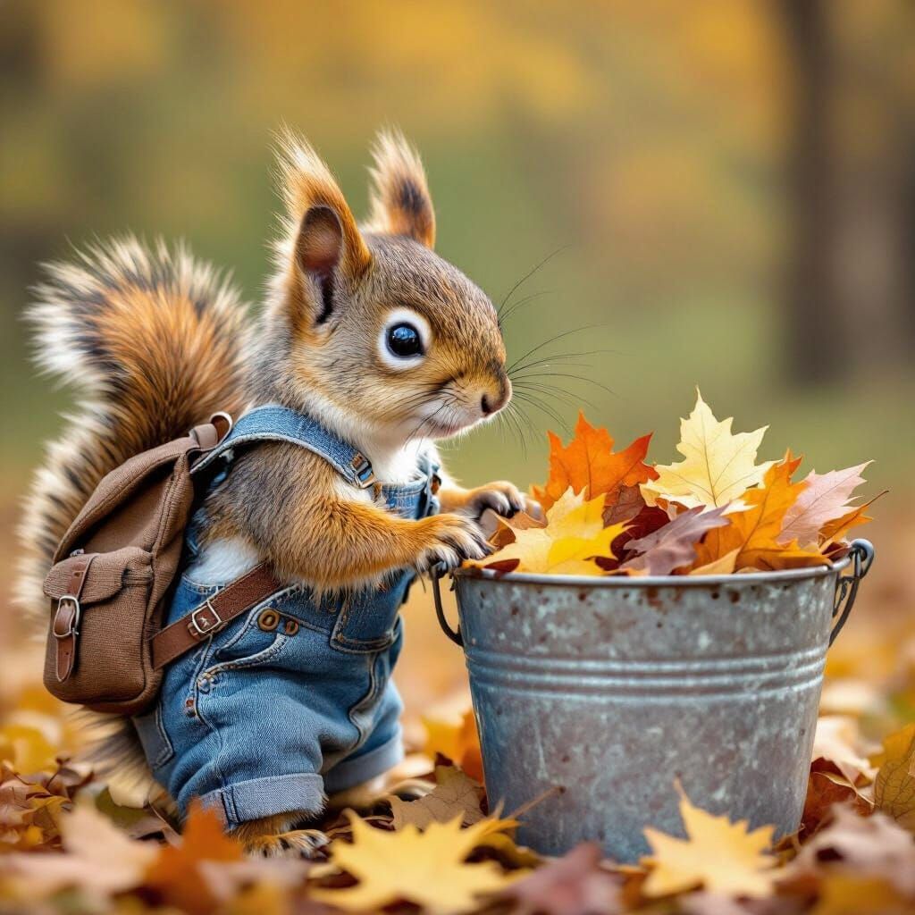 Cute Squirrel in Overalls Explores Autumn Leaves