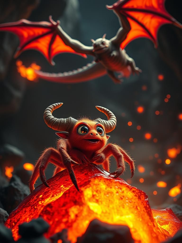 Endearing Spider Baby with Dragon in Magical Cavern