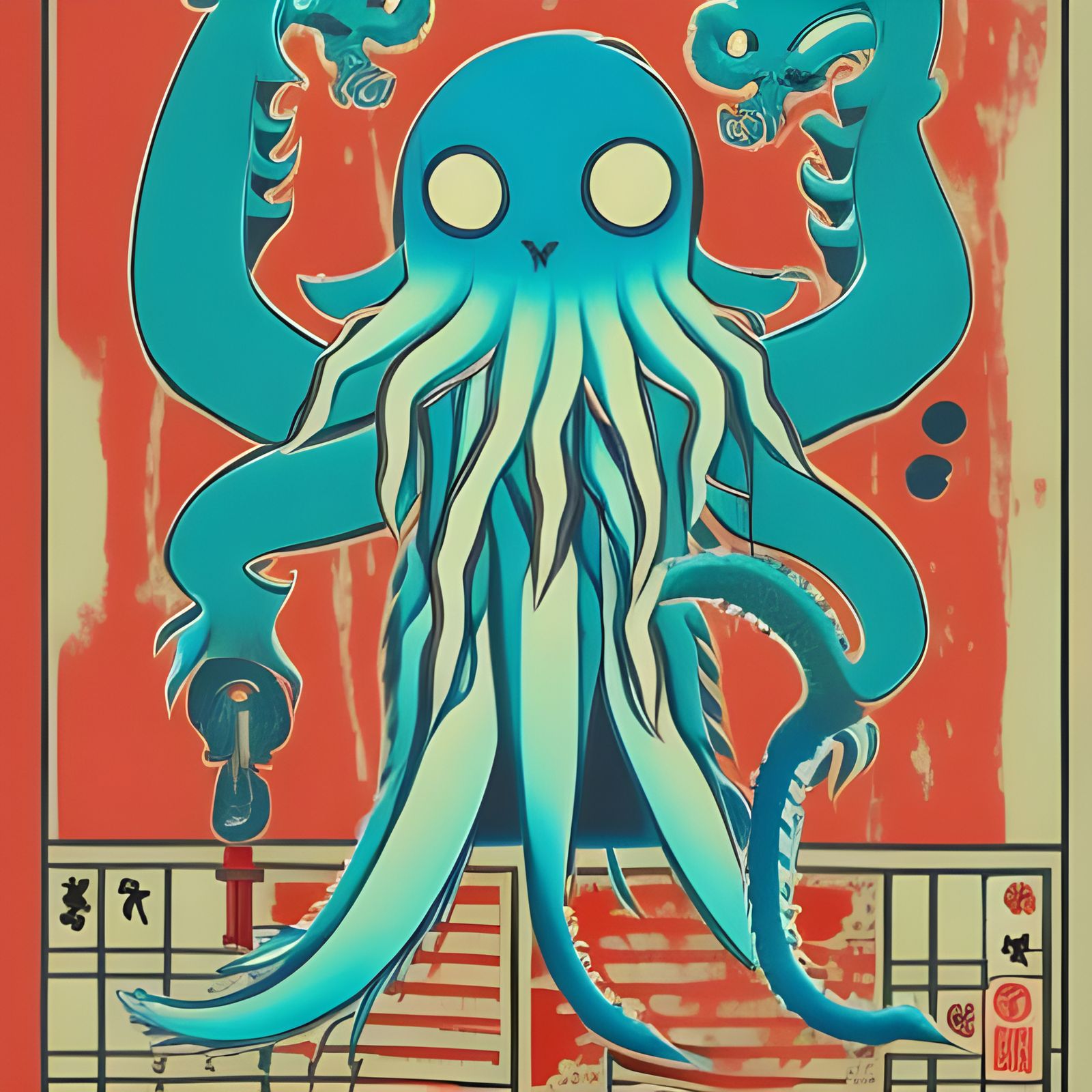 Chuthulu, sushi shop, Red kanji stamp, block print, cute monster, fine detail