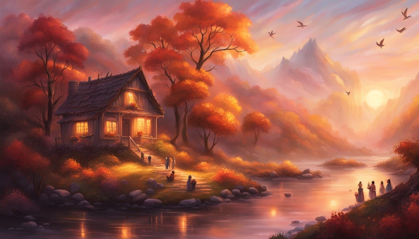 Cozy Autumn Cabin by River in Painterly Fantasy Style