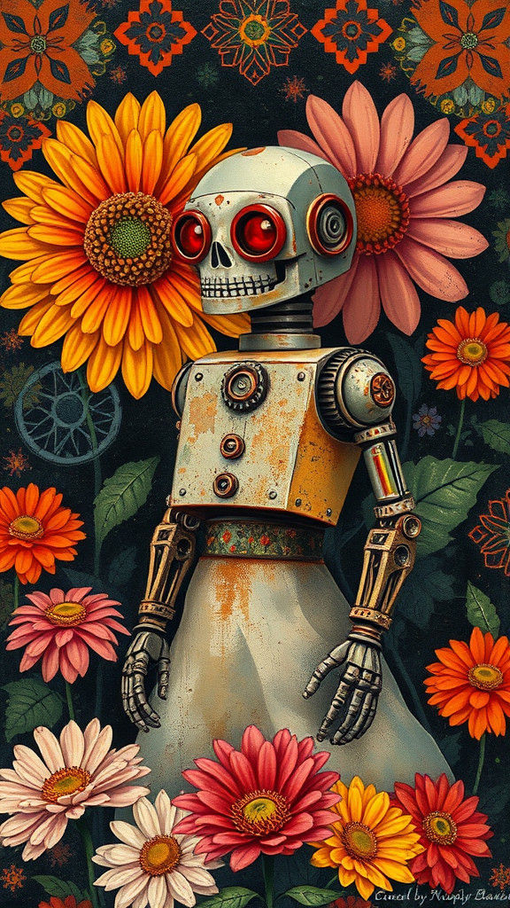 Aztec Grimdark Robot Bride with Zinnias