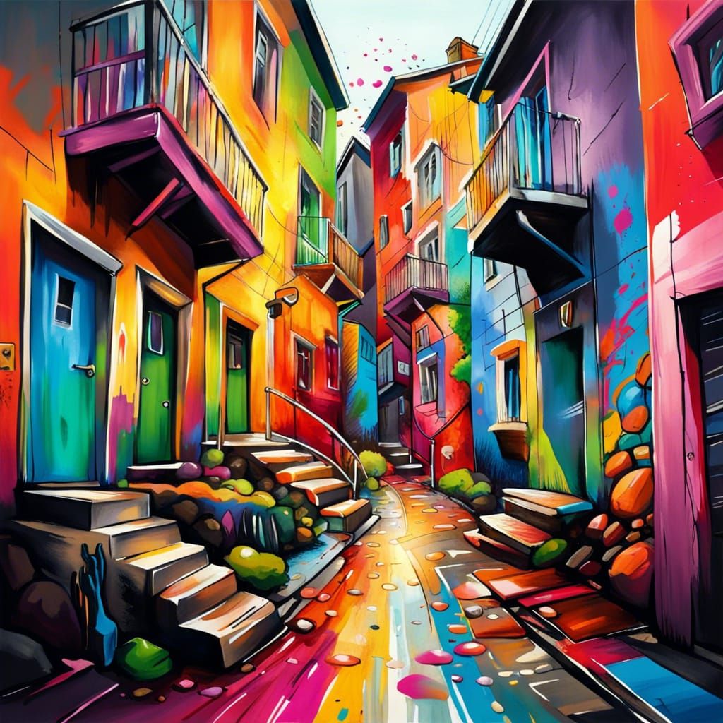 Colorful Street Art Scene with Charming Houses