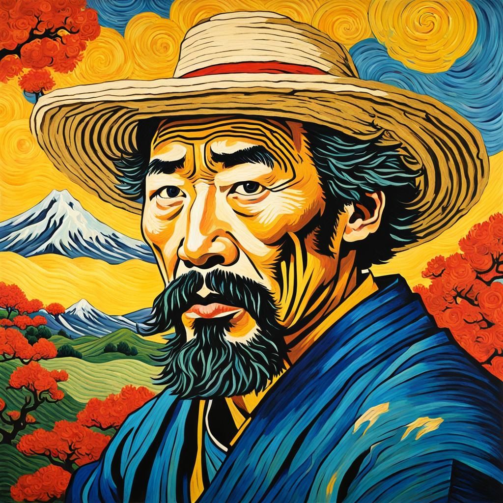 Van Gogh-style self-portrait in the manner of Katsushika Hok...