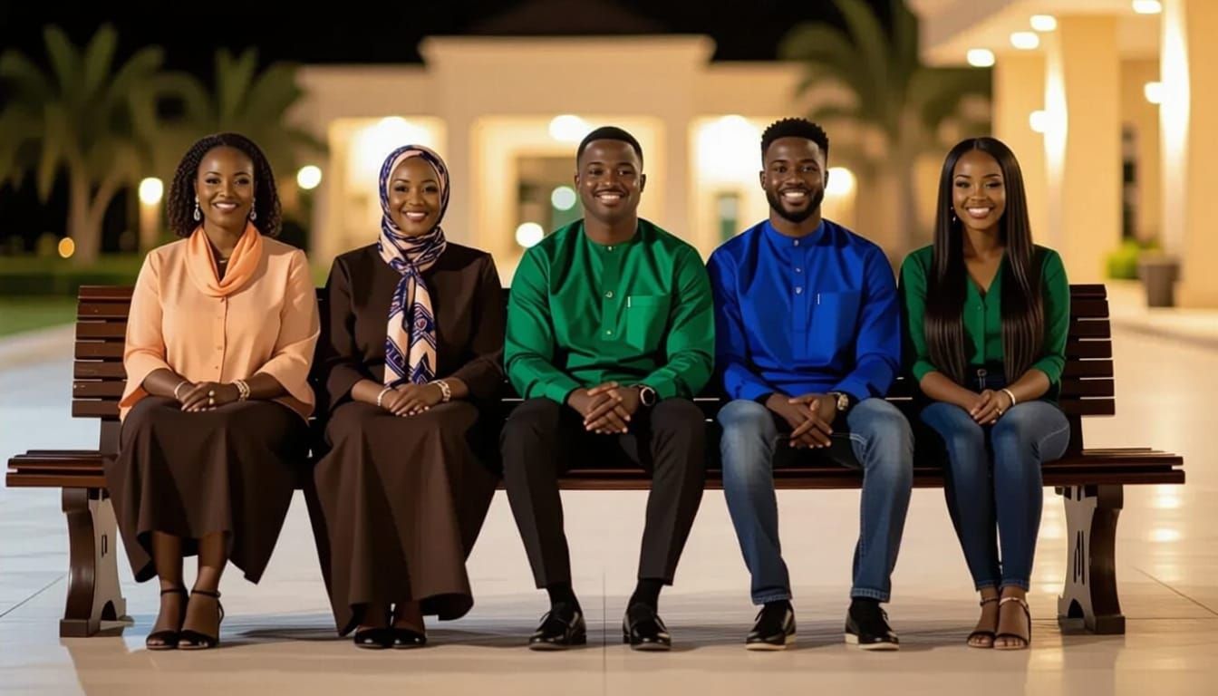 Five Distinct African Adults on Bench in Abuja Night Scene