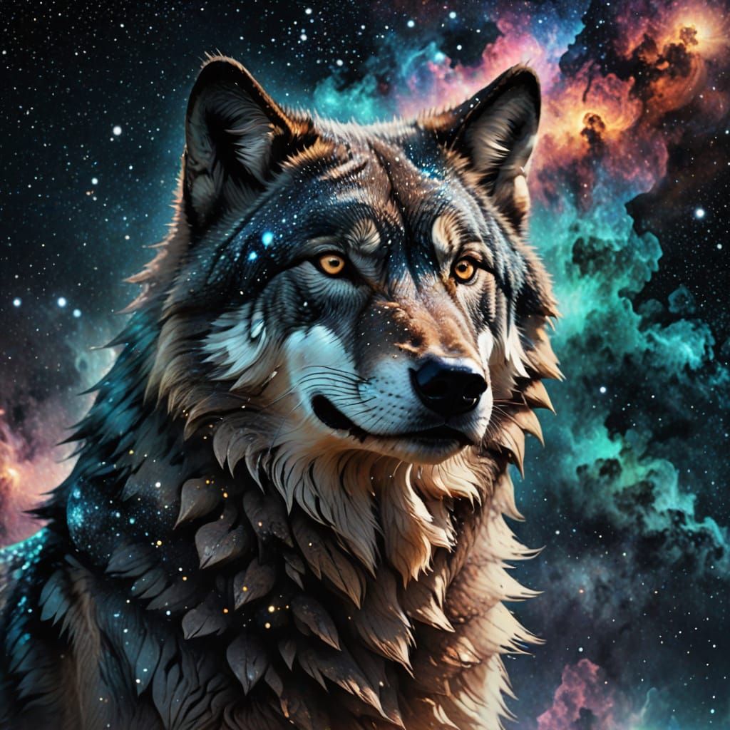 Wolf's Cosmic Majesty: A Photorealistic Double Exposure Mast...