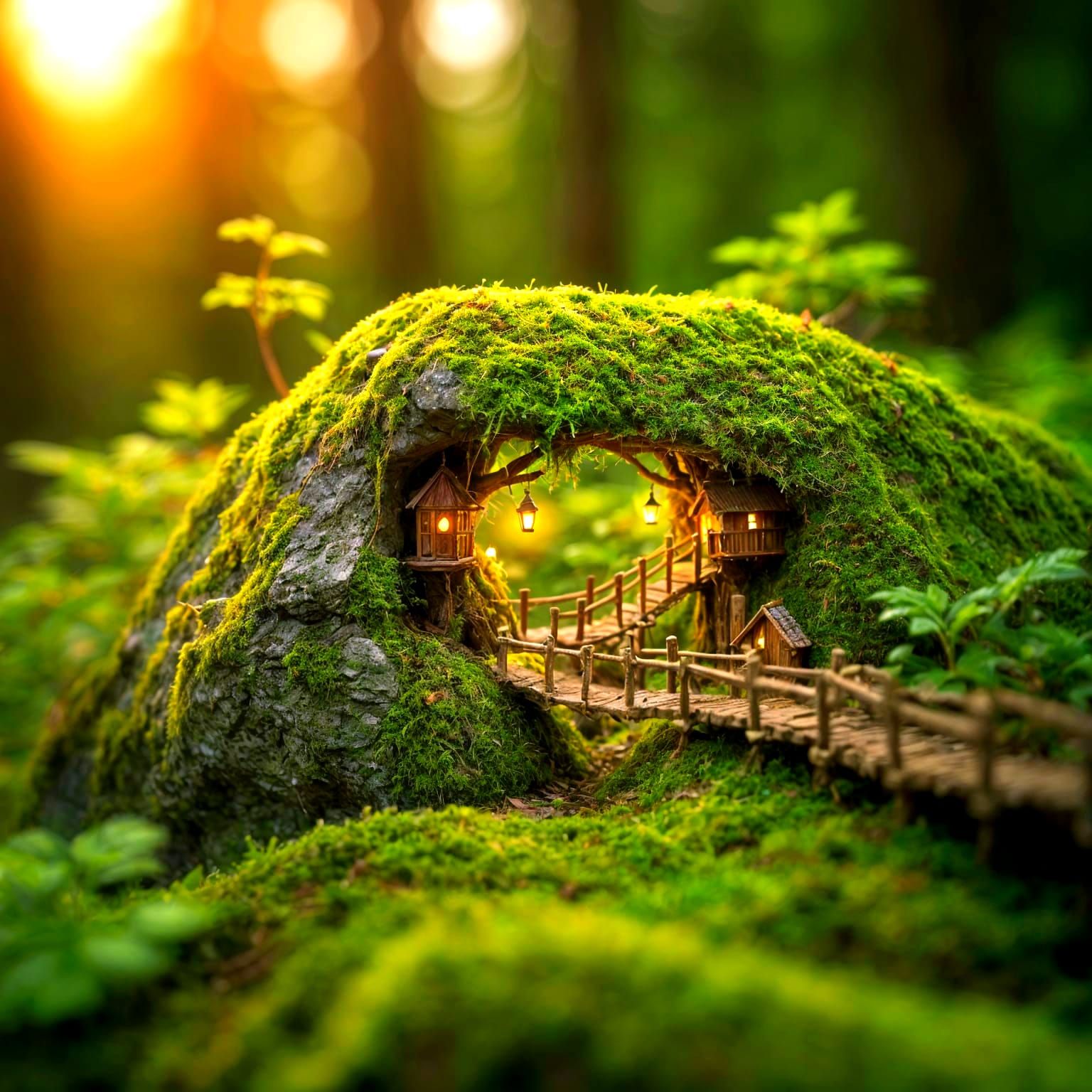 Tiny Forest Village on Mossy Rock Macro Shot