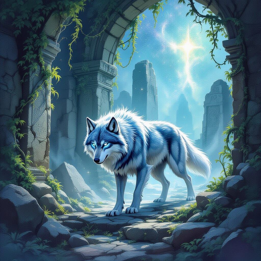 Spectral Stardust Wolf in Floating Cosmic Ruins