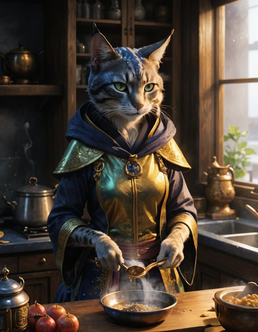 Khajiit Sorceress Mixing Potion, in Anime Style