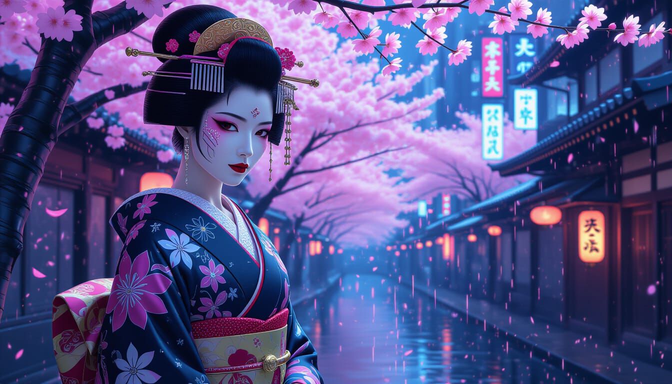 Futuristic Geisha in Cyberpunk Cityscape