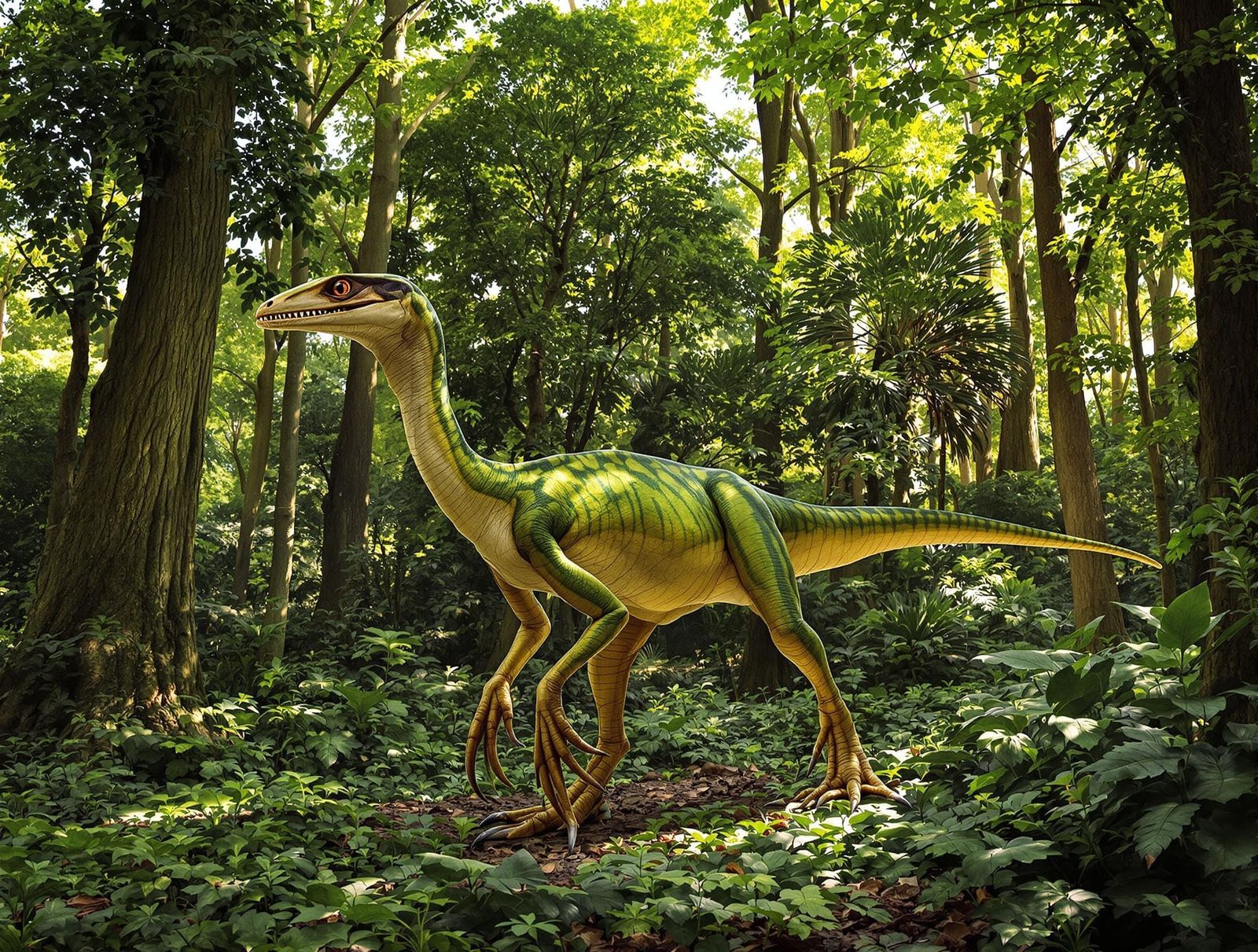 Prehistoric Compsognathus Dinosaur in Vast Jungle Landscape