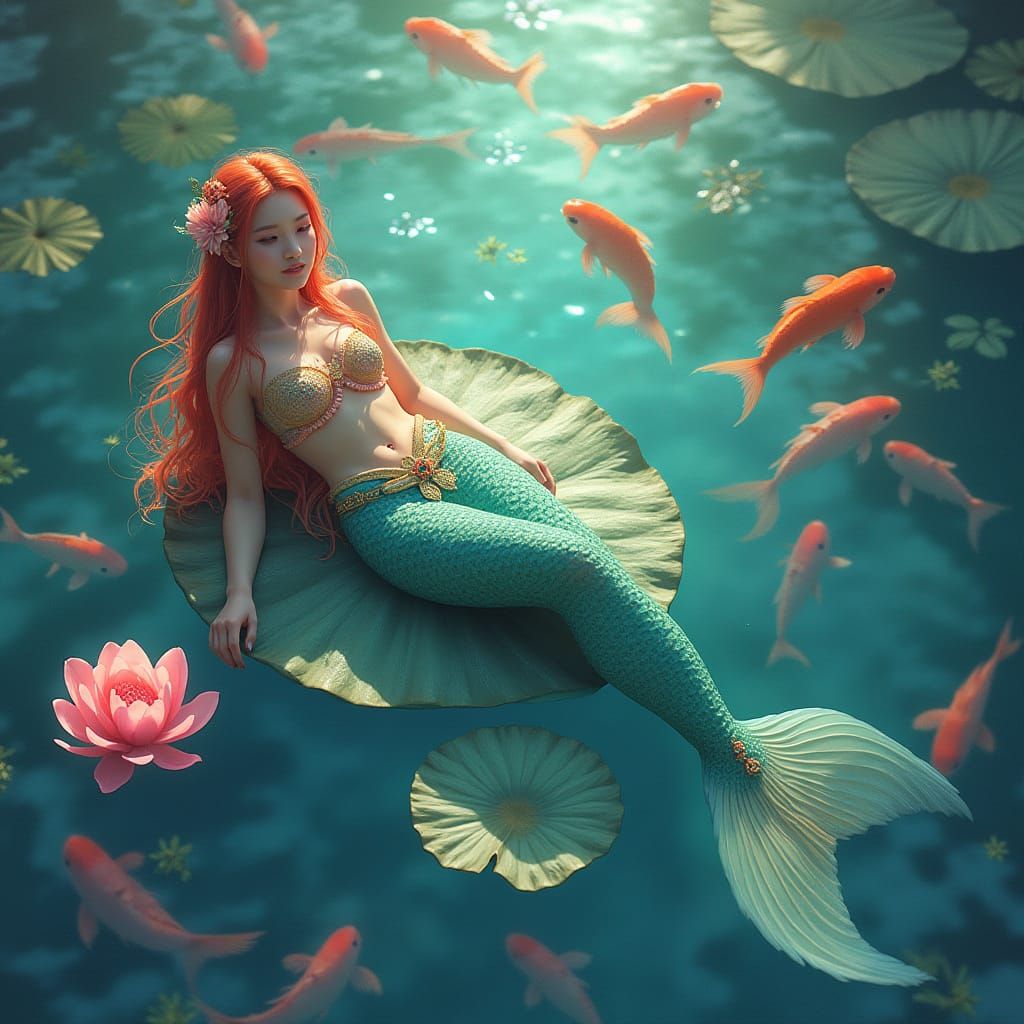 Full shot. A mermaid adorned in glowing coral jewelry lounges languidly on a giant lilypad, surrounded by colorful koi f...