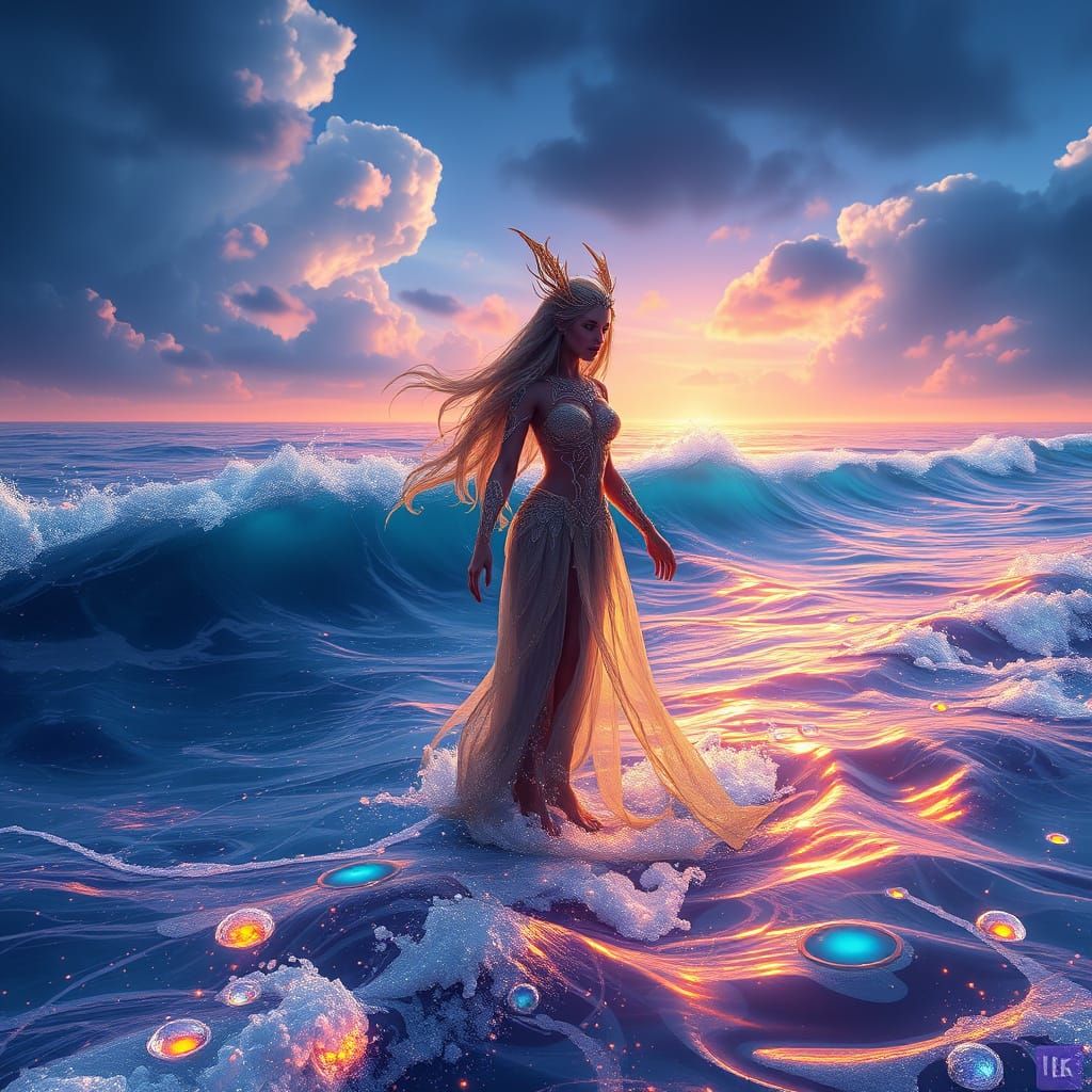Mystical Feya Goddess Amidst Vibrant Oceanic Landscape