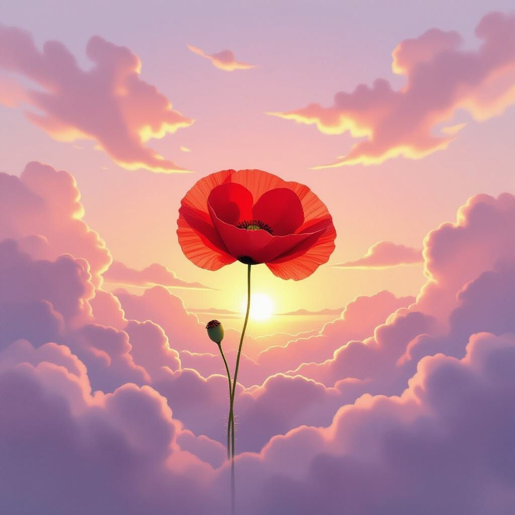 Red Poppy Among Sunrise Clouds in Watercolor Style