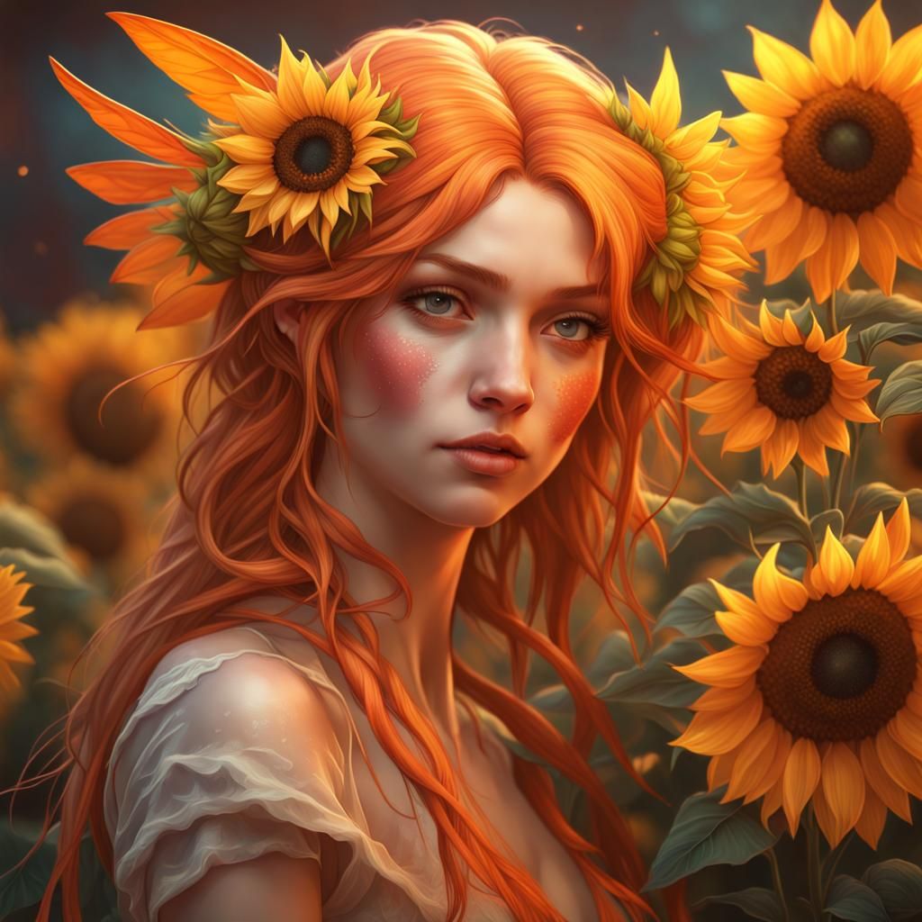Orange Fairy with Sunflowers Portrait in Splash Art Style