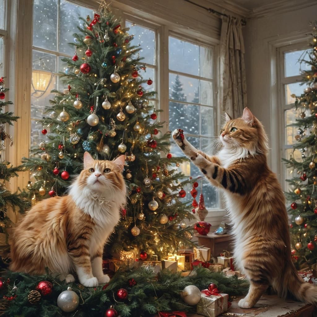 Christmas Cats Delight in Ornament Play Amongst Decorated Tr...