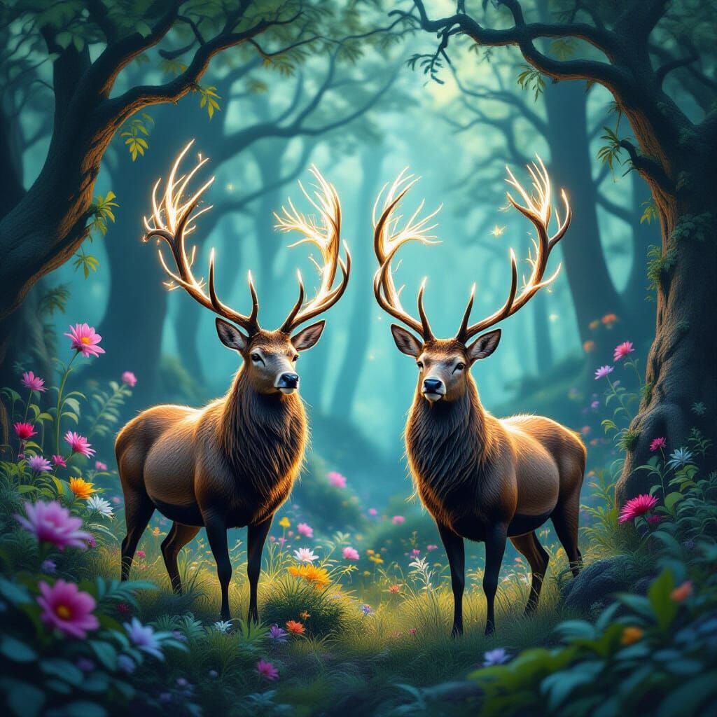 Magical Stags with Glowing Antlers in Enchanted Forest